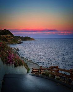 A beautiful gradiented pink sunset, and a pathway leading down lined with vining pink flowers, bordered by a wooden fence and the ocean.