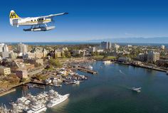 an airplane flying over a harbor filled with boats